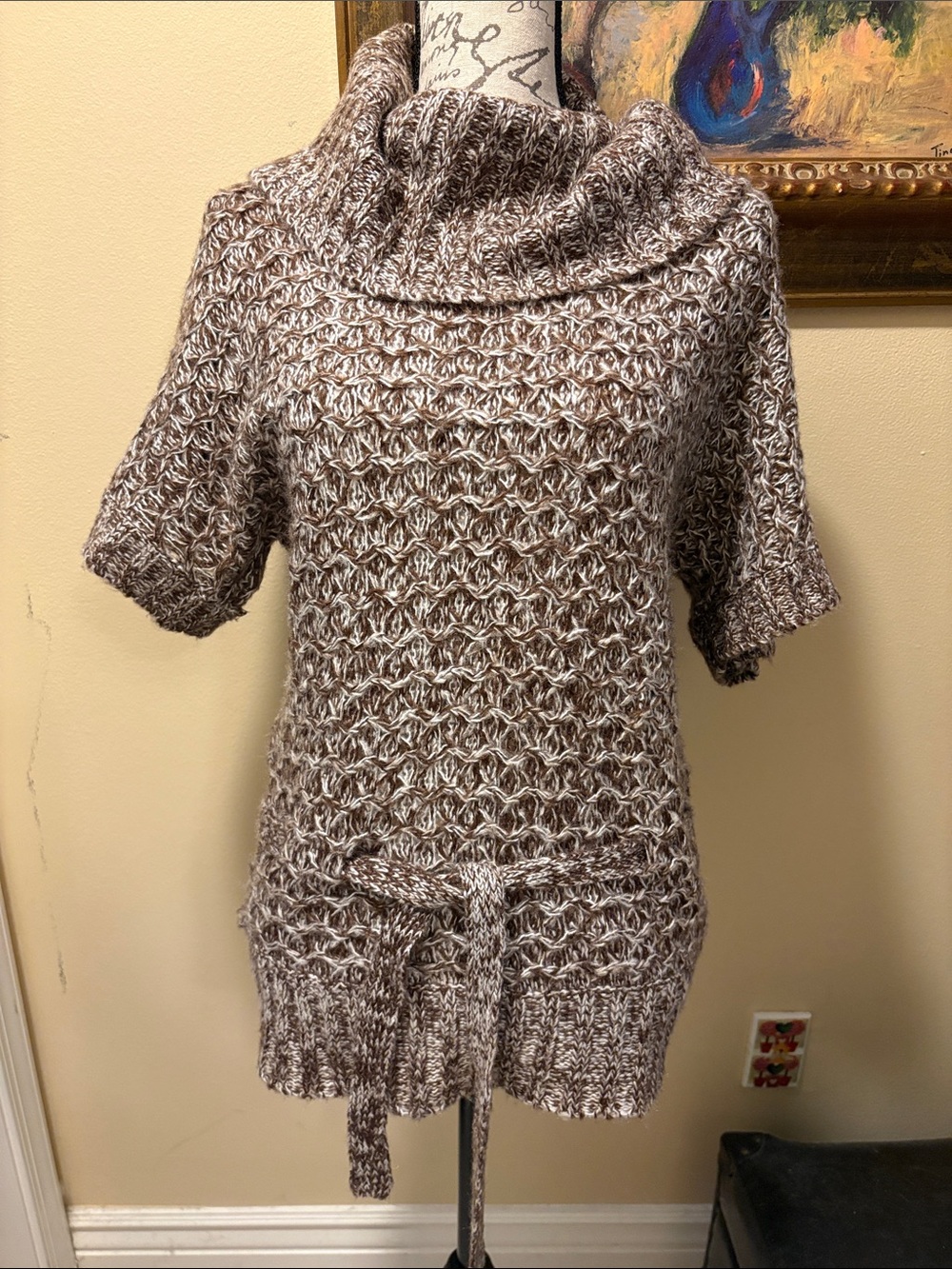 Cozy Handmade Marled Taupe Cowl Neck Short Dolman Sleeve Sweater with Self-Tie